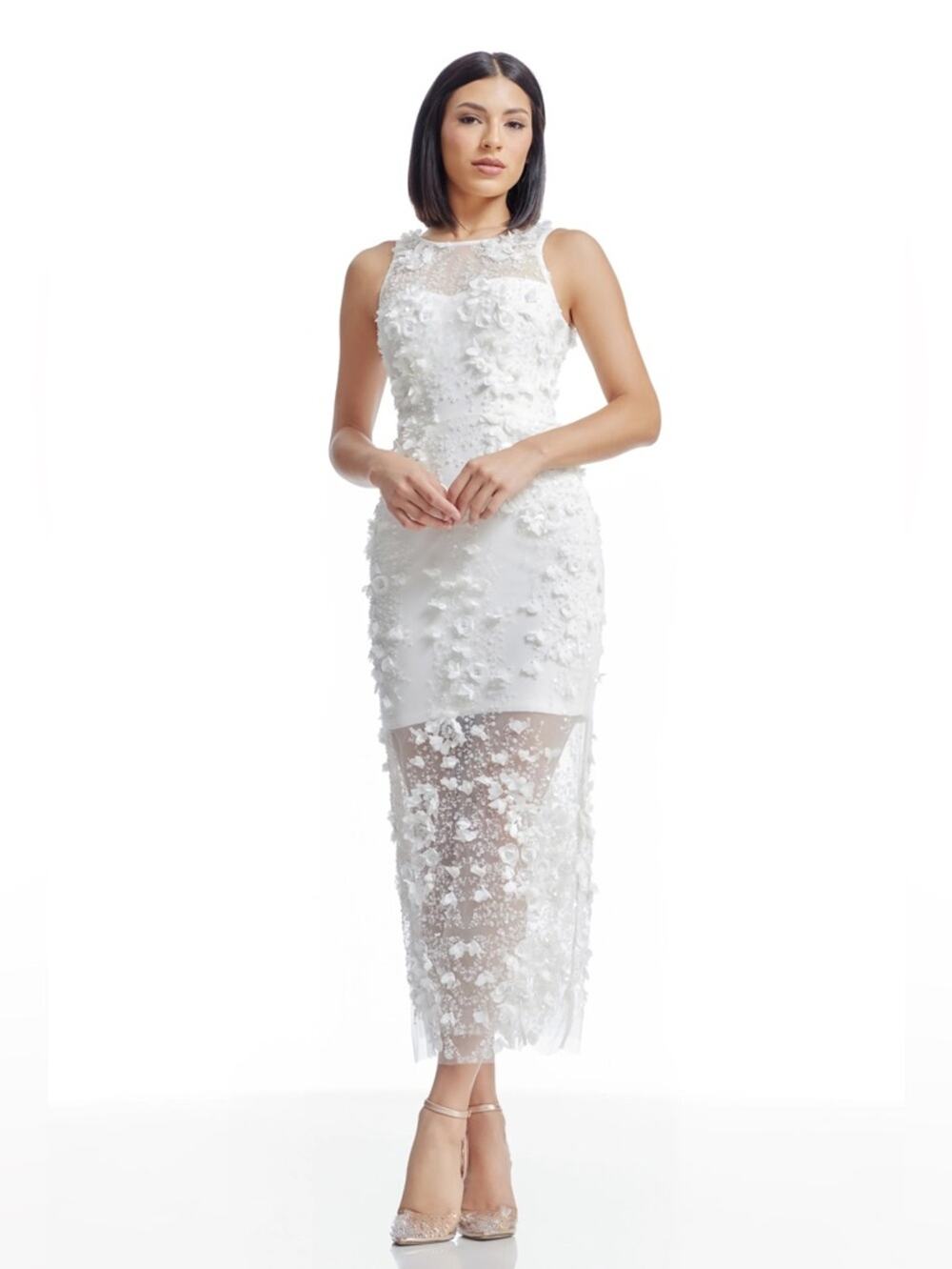 Dress The Population Helena 3D Floral Midi Dress in White L